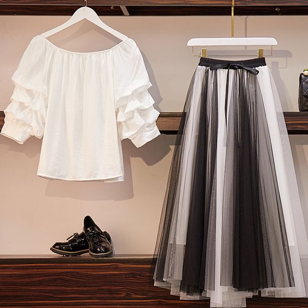 aihuyigui summer harajuku sweet solid slash neck off shoulder lantern sleeve shirt + women mesh long skirts suet set se341, White
aihuyigui summer harajuku sweet solid slash neck off shoulder lantern sleeve shirt + women mesh long skirts suet set se341, White