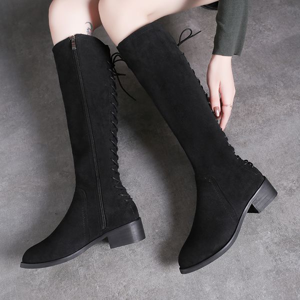 

shoes lace up boots winter women luxury designer flat heel round toe bootee woman 2019 thigh high heels high booties, Black