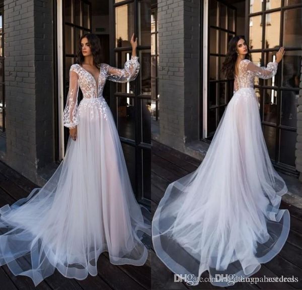 romantic bohemian wedding dresses deep v neck sheer long sleeves tulle lace appliques boho beach wedding dress bridal gowns, White
romantic bohemian wedding dresses deep v neck sheer long sleeves tulle lace appliques boho beach wedding dress bridal gowns, White