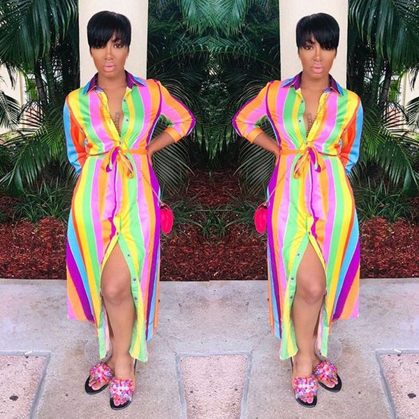 rainbow striped women dresses with sashes casual slim long sleeved lapel neck shirt dresses fashion women party dresses, Black;gray
rainbow striped women dresses with sashes casual slim long sleeved lapel neck shirt dresses fashion women party dresses, Black;gray