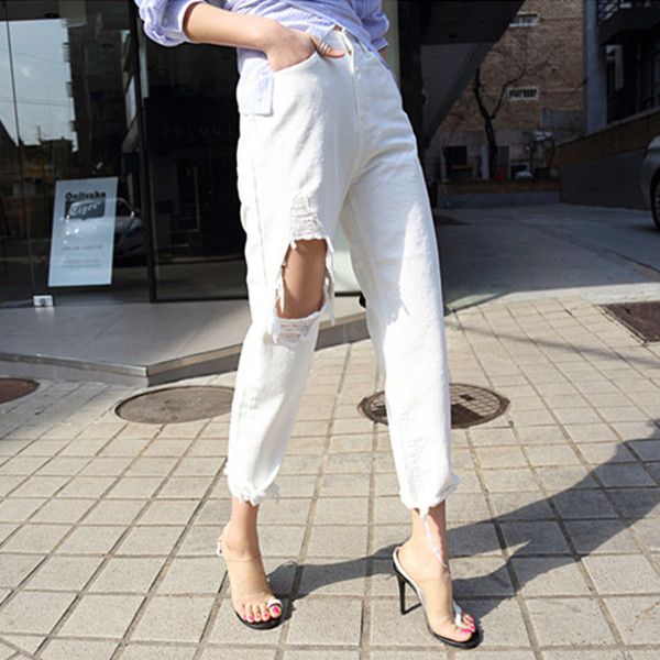 solid white high waist ripped hole jeans plus size summer ankle length pant fashion denim harem trouser korean streetwear, Black;white
solid white high waist ripped hole jeans plus size summer ankle length pant fashion denim harem trouser korean streetwear, Black;white
