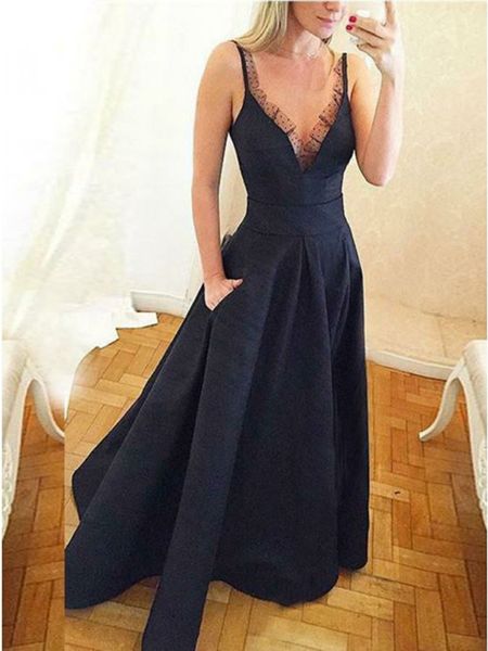 black satin prom gown deep v neck evening dress with pockets robe de soiree custom made, Black;red
black satin prom gown deep v neck evening dress with pockets robe de soiree custom made, Black;red