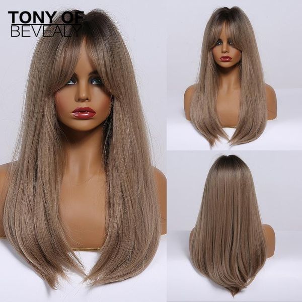 long straight ombre brown synthetic hair wigs with bangs for afro women daily cosplay natural wigs heat resistant fiber, Black
long straight ombre brown synthetic hair wigs with bangs for afro women daily cosplay natural wigs heat resistant fiber, Black