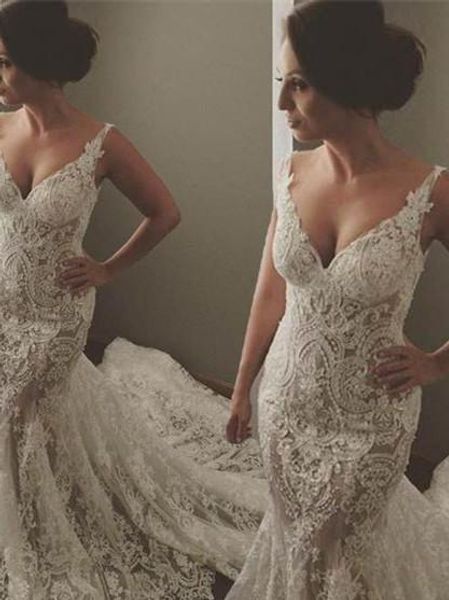 retro mermaid illusion straps lace wedding dresses v neck appliques sweep train long country wedding gowns turkey modern bridal 2019, White
retro mermaid illusion straps lace wedding dresses v neck appliques sweep train long country wedding gowns turkey modern bridal 2019, White