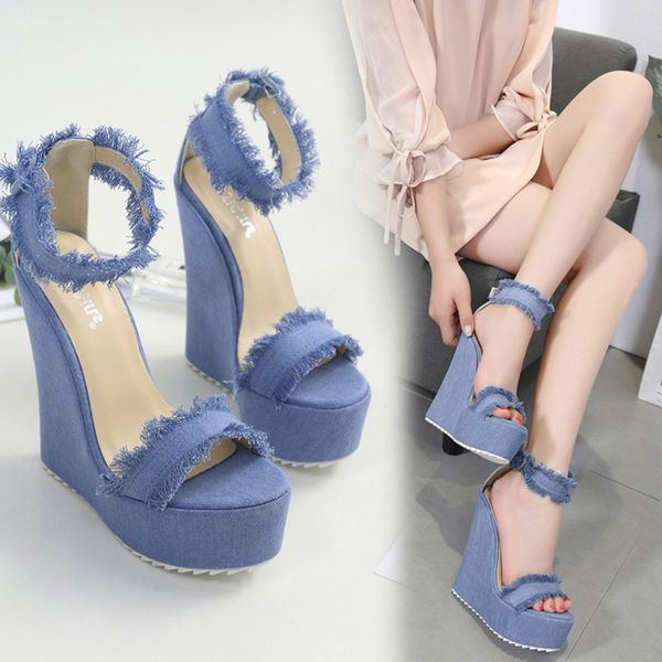 women's denim open toe wedges buckle color summer bohemian ultra high sandals luxury shoes women designers, Black
women's denim open toe wedges buckle color summer bohemian ultra high sandals luxury shoes women designers, Black