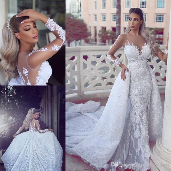 said mermaid wedding dresses detachable train luxury style lace bridal gowns sheer neck long sleeves buttons vestidos plus size, White
said mermaid wedding dresses detachable train luxury style lace bridal gowns sheer neck long sleeves buttons vestidos plus size, White