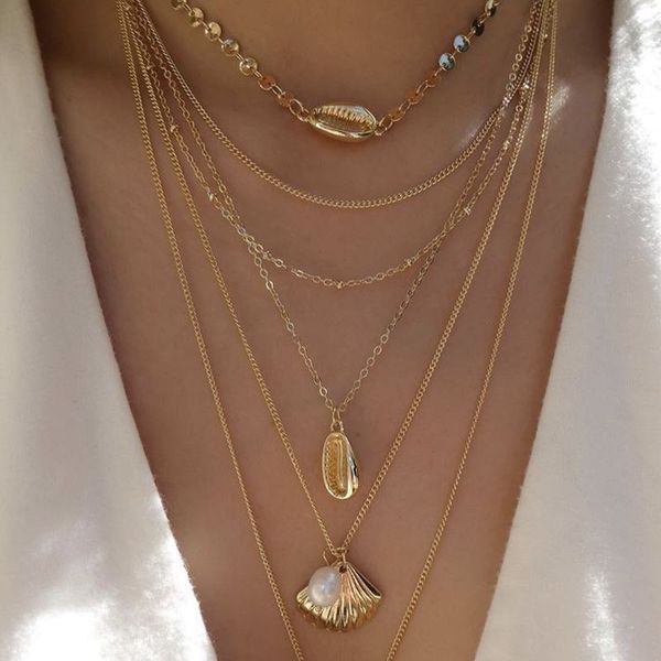 gold scallop sea shell cross pearl pendant boho necklace women multi layer chain choker long necklace jewelry collares fashion, Silver 
gold scallop sea shell cross pearl pendant boho necklace women multi layer chain choker long necklace jewelry collares fashion, Silver