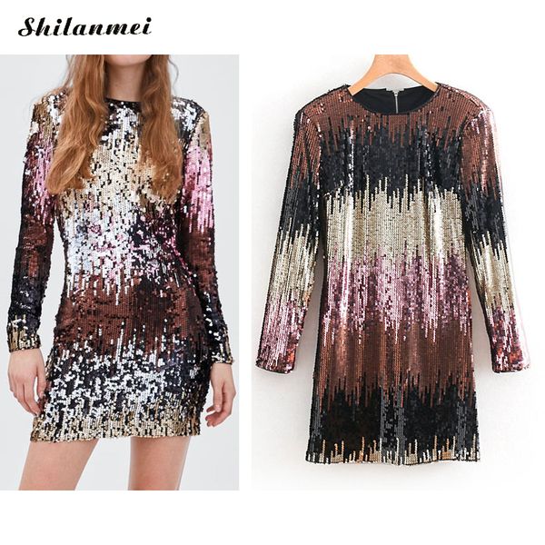 iridescent sequin dress 2019 round neck long sleeve club party dress with zipper women sheath autumn short mini, Black;gray
iridescent sequin dress 2019 round neck long sleeve club party dress with zipper women sheath autumn short mini, Black;gray