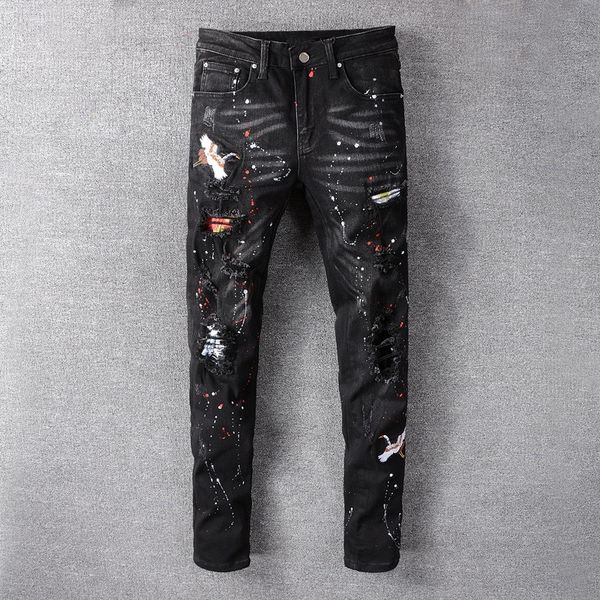 mens designer jeans black embroidery stretch fashion brand hole denim pants ripped distressed slim pencil pants motorcycle pants, Blue
mens designer jeans black embroidery stretch fashion brand hole denim pants ripped distressed slim pencil pants motorcycle pants, Blue