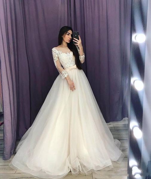quarter sleeves lace appliques a-line wedding dresses 2019 sheer modest princess bridal gowns custom with bow ribbon vestidos de mariee, White
quarter sleeves lace appliques a-line wedding dresses 2019 sheer modest princess bridal gowns custom with bow ribbon vestidos de mariee, White