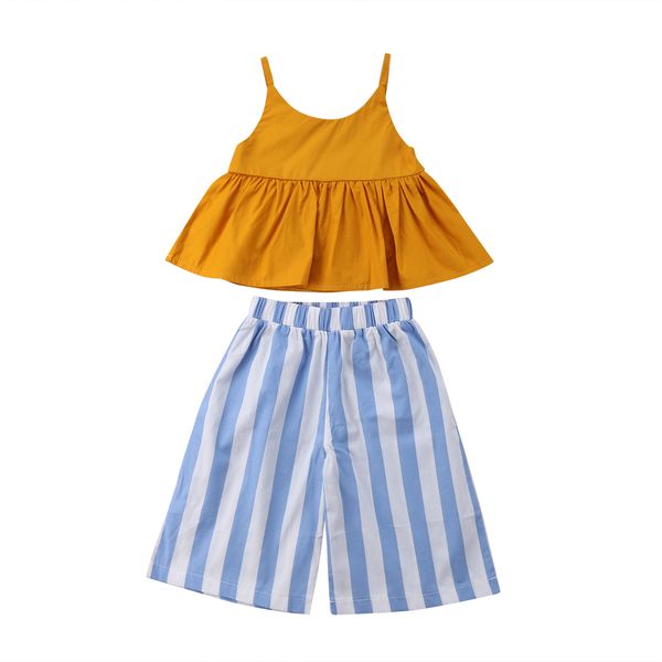 2018 kids toddler baby girls strap yellow dress +striped flare pants shorts clothes summer fashion outfit, White
2018 kids toddler baby girls strap yellow dress +striped flare pants shorts clothes summer fashion outfit, White