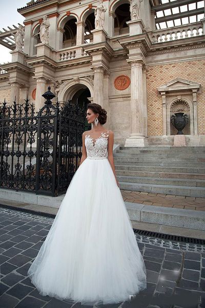 2020 lace and tulle wedding dresses jewel sheer neck sleeveless a line vintage wedding dress bridal gowns button back sweep train, White
2020 lace and tulle wedding dresses jewel sheer neck sleeveless a line vintage wedding dress bridal gowns button back sweep train, White