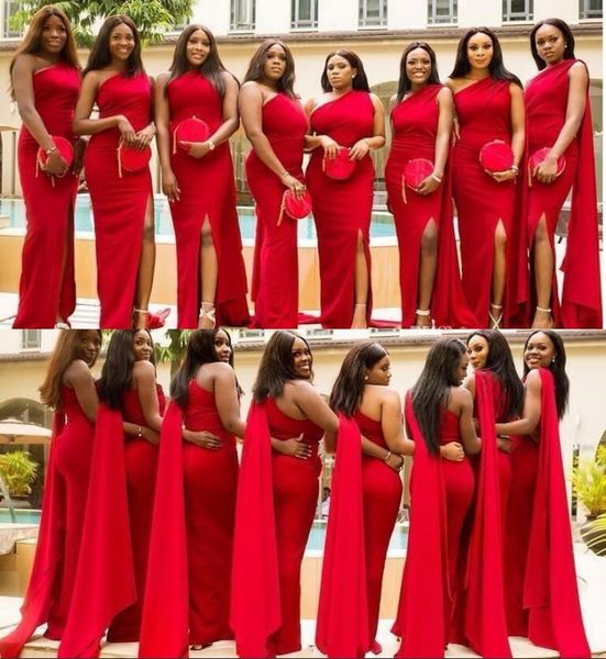 arabic red mermaid long bridesmaid dresses one shoulder side split ruched floor length wedding guest maid of honor dresses, White;pink
arabic red mermaid long bridesmaid dresses one shoulder side split ruched floor length wedding guest maid of honor dresses, White;pink