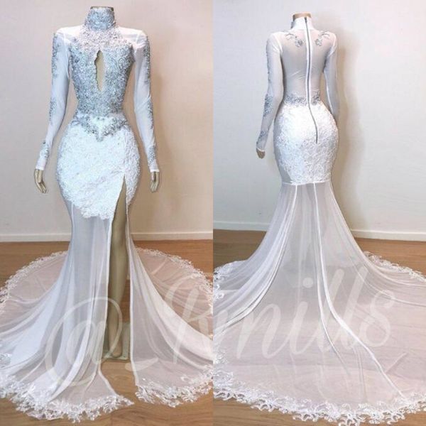 white mermaid prom dresses high neck long sleeves lace applique beaded evening gowns high side split sweep train formal party wear, Black
white mermaid prom dresses high neck long sleeves lace applique beaded evening gowns high side split sweep train formal party wear, Black