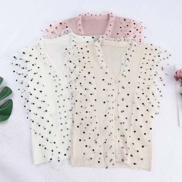 women summer v-neck sleeveless polka dot mesh gauze voile knitted shirt vintage elastic slim cardigan button tulle blouse, White
women summer v-neck sleeveless polka dot mesh gauze voile knitted shirt vintage elastic slim cardigan button tulle blouse, White