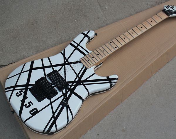 wholesale factory custom white electric guitar with black strips,double rock,black hardware 0524
wholesale factory custom white electric guitar with black strips,double rock,black hardware 0524