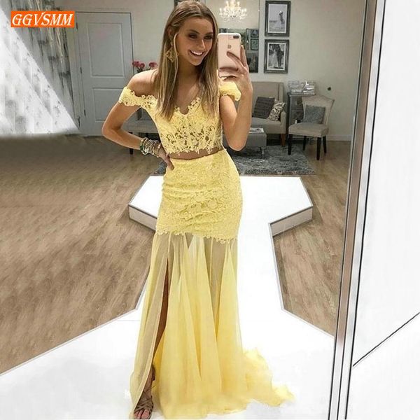 charming two pieces yellow long prom dresses off the shoulder lace appliques prom dress see through side slit evening party gown, White;black 
charming two pieces yellow long prom dresses off the shoulder lace appliques prom dress see through side slit evening party gown, White;black