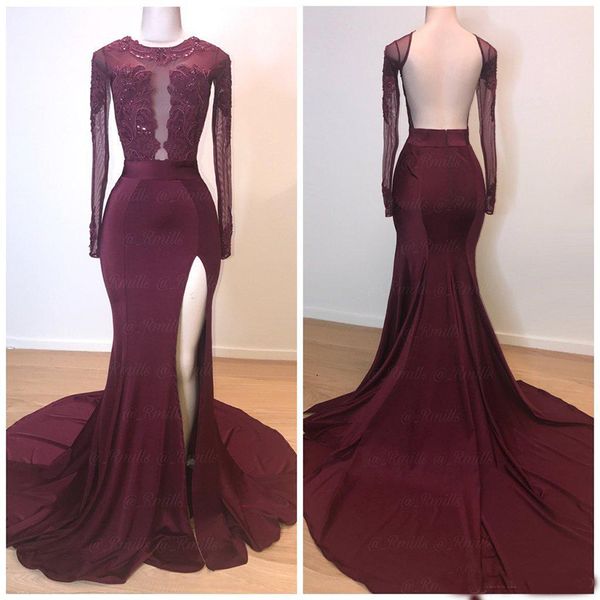 Hot Sell Burgundy Mermaid Prom Dresses 2019 Sexy Split Evening Gowns Sheer Long Sleeves Appliques Party Pageant Wears
Hot Sell Burgundy Mermaid Prom Dresses 2019 Sexy Split Evening Gowns Sheer Long Sleeves Appliques Party Pageant Wears