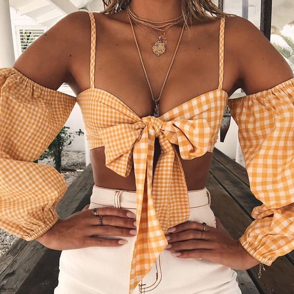 women short spaghetti strap vest yellow lantern sleeve crop bow lace up casual plaid cami, White
women short spaghetti strap vest yellow lantern sleeve crop bow lace up casual plaid cami, White
