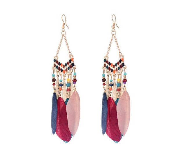 explosion fan-shaped tassel feather earrings female long bohemian rice beads european and american earrings wy1040, Silver 
explosion fan-shaped tassel feather earrings female long bohemian rice beads european and american earrings wy1040, Silver
