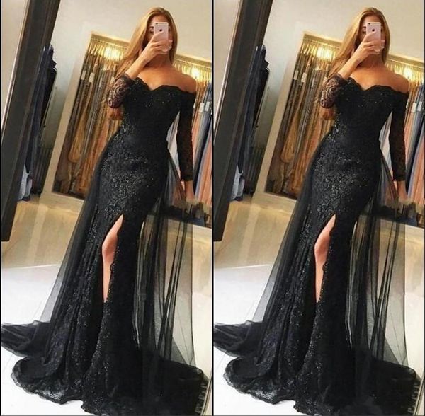 black lace prom dresses 2019 off shoulder long sleeves mermaid evening gowns side split party dress custom made robes de soiree
black lace prom dresses 2019 off shoulder long sleeves mermaid evening gowns side split party dress custom made robes de soiree
