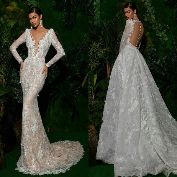 luxury wedding dresses with detachable train v-neck long sleeve full lace applique sequins beaded bridal dress custom made vestidos de novia, White
luxury wedding dresses with detachable train v-neck long sleeve full lace applique sequins beaded bridal dress custom made vestidos de novia, White