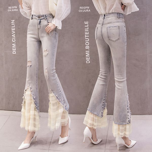 women jeans flare pants pearls high waist elastic tassels lace hole ripped jeans woman new 2019 autumn skinny pant long trouser, Blue
women jeans flare pants pearls high waist elastic tassels lace hole ripped jeans woman new 2019 autumn skinny pant long trouser, Blue