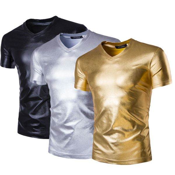 fashion men's casual t-shirt short sleeve v-neck slim fit shining shirts, White;black
fashion men's casual t-shirt short sleeve v-neck slim fit shining shirts, White;black