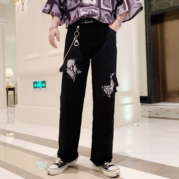 men metal chain spliced hole ripped jeans male streetwear hip hop punk gothic straight denim pants loose casual harem trousers, Blue
men metal chain spliced hole ripped jeans male streetwear hip hop punk gothic straight denim pants loose casual harem trousers, Blue