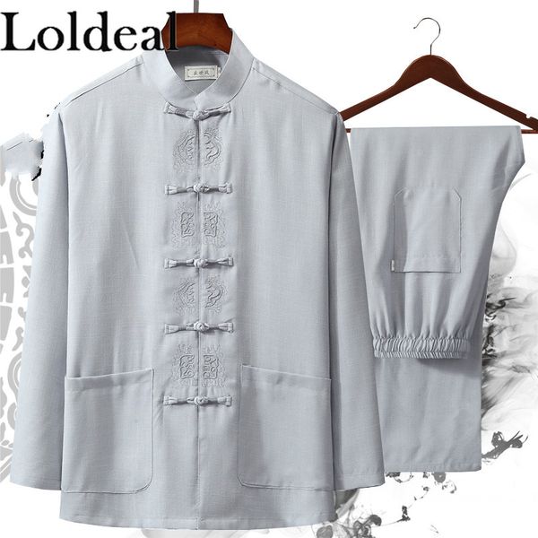 men's tracksuits loldeal chinese style long-sleeved shirt set men cotton and linen embroidery stand collar retro button slim tang suit, Gray
men's tracksuits loldeal chinese style long-sleeved shirt set men cotton and linen embroidery stand collar retro button slim tang suit, Gray