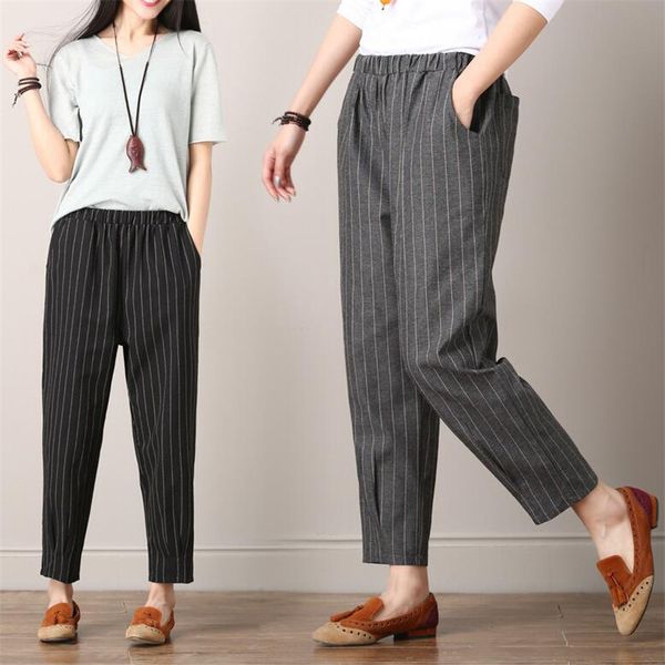 summer women's pants striped cotton linen elastic high waist plus size women pencil pants stripes wide leg black female trousers, Black;white
summer women's pants striped cotton linen elastic high waist plus size women pencil pants stripes wide leg black female trousers, Black;white