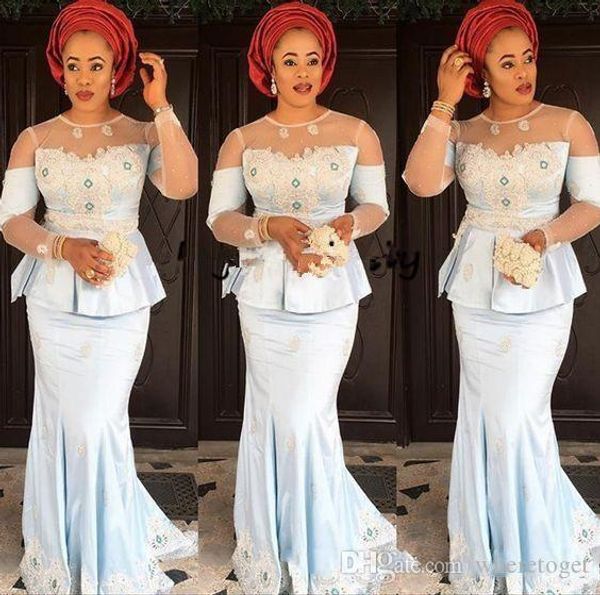 african aso ebi sky blue mermaid prom dresses sheer neck long sleeve lace applique sweep train evening gown with peplum formal dress, Black;red
african aso ebi sky blue mermaid prom dresses sheer neck long sleeve lace applique sweep train evening gown with peplum formal dress, Black;red