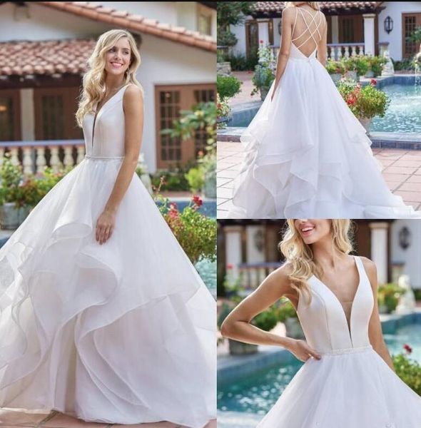 deep v neck satin beach wedding dresses sweep train criss cross back ruffled tiered organza a line bridal gowns, White
deep v neck satin beach wedding dresses sweep train criss cross back ruffled tiered organza a line bridal gowns, White