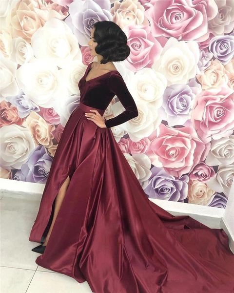 new deep v neck velvet evening dresses wear long sleeves burgundy satin high split floor length party quinceanera formal prom gowns, Black;red
new deep v neck velvet evening dresses wear long sleeves burgundy satin high split floor length party quinceanera formal prom gowns, Black;red