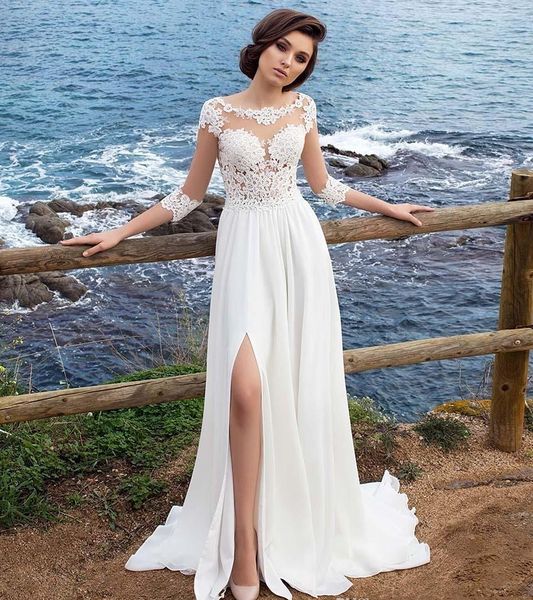 3/4 long sleeves beach bohemian wedding dresses chiffon scoop neck appliques long bridal gowns with side split country wedding dresses, White
3/4 long sleeves beach bohemian wedding dresses chiffon scoop neck appliques long bridal gowns with side split country wedding dresses, White