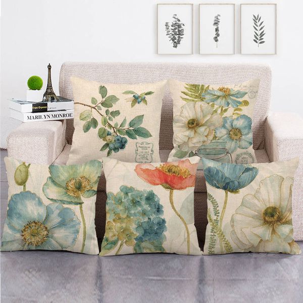 

45cm*45cm golden edge blue watercolor flower design linen/cotton throw pillow covers couch cushion cover home decor pillow