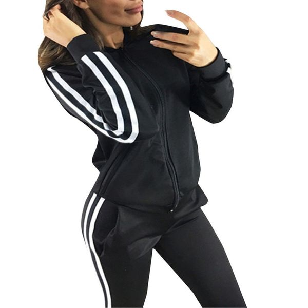 women casual striped zipper sportswear coat trousers set ladies 2 piece suit running tracksuit for 2019 jogging clothing, Black;blue
women casual striped zipper sportswear coat trousers set ladies 2 piece suit running tracksuit for 2019 jogging clothing, Black;blue