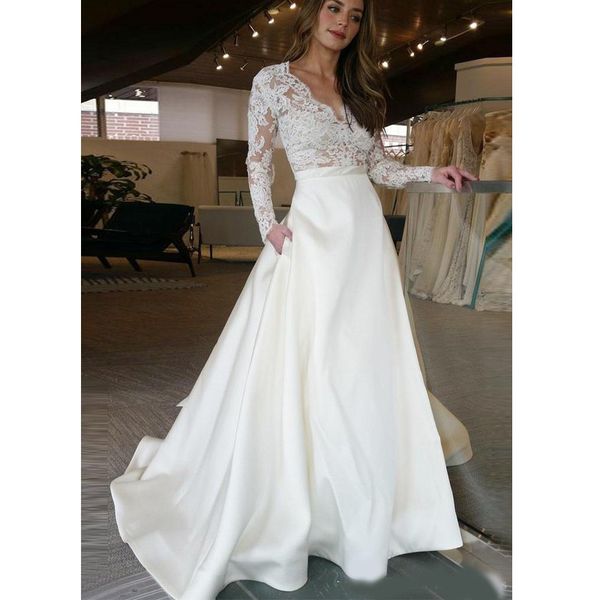 beach a line wedding dress illusion long sleeves lace see through with pockets bohemian wedding dress bridal gowns boho vestidos, White