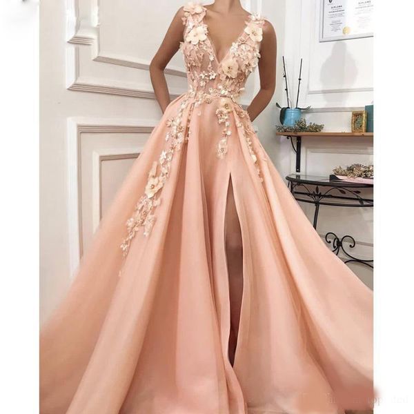 2020 pink a line side split prom dress deep v neck 3d flower bead evening party gowns draped sweep train cocktail gowns, Black
2020 pink a line side split prom dress deep v neck 3d flower bead evening party gowns draped sweep train cocktail gowns, Black