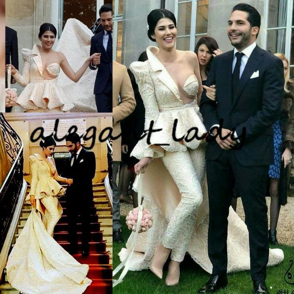 2020 luxury jumpsuit wedding dresses with train 3d lace embroidery one shoulder long sleeve arabic arabic peplum bridal wedding gown, White
2020 luxury jumpsuit wedding dresses with train 3d lace embroidery one shoulder long sleeve arabic arabic peplum bridal wedding gown, White