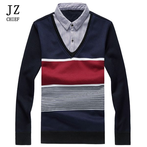 jz chief fake two piece pollover sweater men striped thick winter knitted sweater slim fit patchwork shirt collar elegant blouse, White;black
jz chief fake two piece pollover sweater men striped thick winter knitted sweater slim fit patchwork shirt collar elegant blouse, White;black