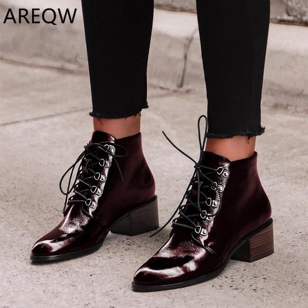 women pointed toe ankle boots patent leather autumn lace up ladies boots female square heels woman shoes footwear, Black
women pointed toe ankle boots patent leather autumn lace up ladies boots female square heels woman shoes footwear, Black