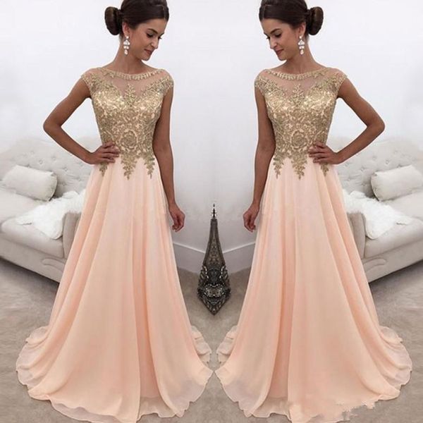 2018 Chiffon Gold Lace Appliqued Long A Line Prom Dresses Cap Sleeves Formal Party Wear Formal Evening Dresses Custom Made Sheer Jewel Neck
2018 Chiffon Gold Lace Appliqued Long A Line Prom Dresses Cap Sleeves Formal Party Wear Formal Evening Dresses Custom Made Sheer Jewel Neck