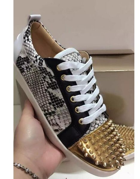 low snake leather gold spikes casual flats red bottom shoes 2019 new for men and women party designer sneakers lovers genuine leather, Black
low snake leather gold spikes casual flats red bottom shoes 2019 new for men and women party designer sneakers lovers genuine leather, Black