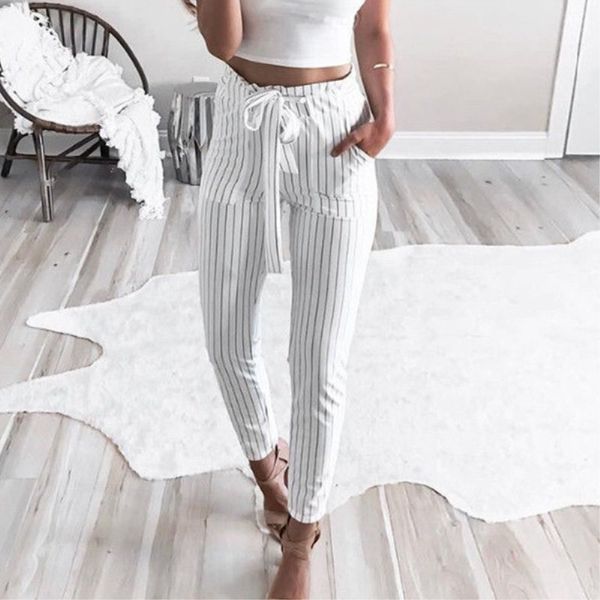women high waist elastic stripe pencil pant trousers, Black;white
women high waist elastic stripe pencil pant trousers, Black;white