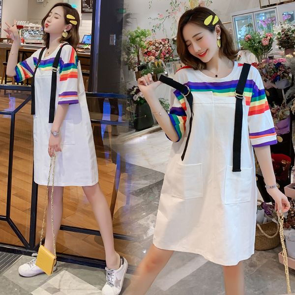 9395#t shirt + dress maternity clothes loose rainbow denim stylish short sleeves dress for pregnant women pregnancy clothes, White
9395#t shirt + dress maternity clothes loose rainbow denim stylish short sleeves dress for pregnant women pregnancy clothes, White