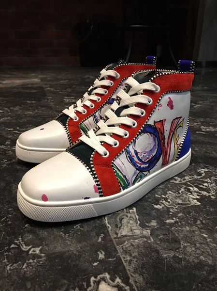 35-46 new fashion men's women's shoes colorful graffiti leather with patchwork high red bottom sneakers brand casual flats shoes, Black
35-46 new fashion men's women's shoes colorful graffiti leather with patchwork high red bottom sneakers brand casual flats shoes, Black