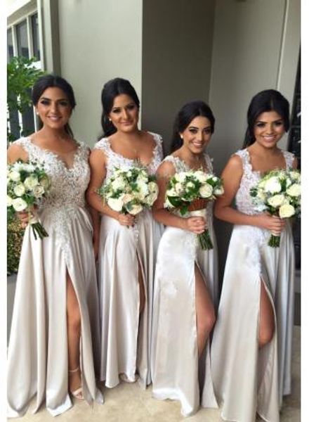 v neck bridesmaid dresses lace appliqued mermaid maid of honor gown front slit wedding party dress plus size, White;pink
v neck bridesmaid dresses lace appliqued mermaid maid of honor gown front slit wedding party dress plus size, White;pink