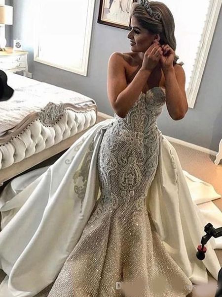 gorgeous shiny beading lace strapless overskirt wedding dresses detachable train mermaid wedding gowns bridal gowns vestidos de novia, White
gorgeous shiny beading lace strapless overskirt wedding dresses detachable train mermaid wedding gowns bridal gowns vestidos de novia, White
