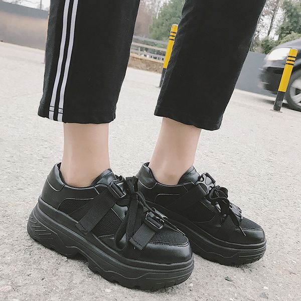 spring 2020 new korean version of the comfortable and comfortable thick bottom harajuku style soft sister white shoes women, Black